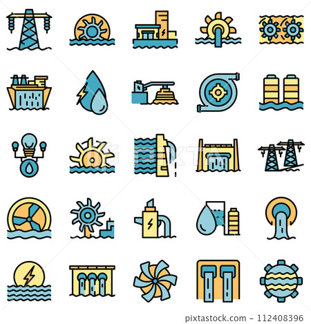 Hydro power icons set. Outline set of hydro power vector icons thin line color flat on white Hydro power icons set. Outline set of hydro power vector icons thin line color flat on white 112408396