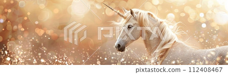 A magical unicorn with a sparkling horn, set against a backdrop of glittering lights, ideal for fantasy themes, childrens books, or enchanting event promotions, with space for text. Generative AI. 112408467