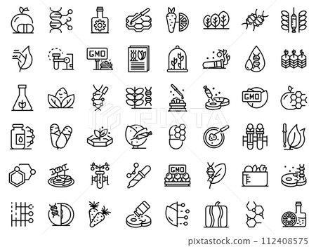 Gmo food icons set. Outline set of gmo food vector icons for web design isolated on white background Gmo food icons set. Outline set of gmo food vector icons for web design isolated on white background 112408575