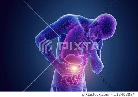 AI-generated content. An anatomical illustration showing a person with a glowing digestive system, indicating stomach ache, gastrointestinal health, or digestion issues, applicable for medical 112408854