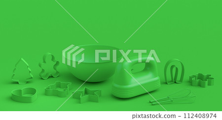 Mixer and cookie cutters with kitchen utensil for making cookies on monochrome 112408974