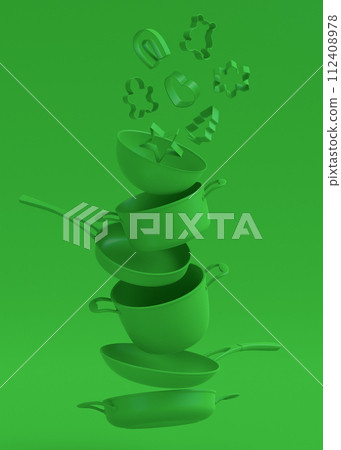 Set of flying stewpot, frying pan and plated cookware on monochrome background 112408978