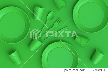 Set of disposable utensils like plate, folk, spoon,knife, cup and pepper mill Set of disposable utensils like plate, folk, spoon,knife, cup and pepper mill 112408991