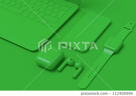 Computer tablet with stylus, smart watch, phone and headphones on monochrome Computer tablet with stylus, smart watch, phone and headphones on monochrome 112408999