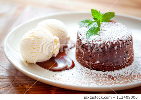 A freshly baked chocolate lava cake with a molten center. Chocolate cake or fondant powdered sugar on top 112409006