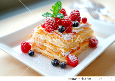 A piece of Napoleon cake or Mille-feuille topped with fluffy whipped cream and vibrant red raspberries 112409022