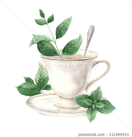 Vintage watercolor cup with saucer and silver spoon, with spicy mint around it. The illustration is hand drawn on an isolated background. Drawing for menu design, packaging, poster, website, textile. 112409353