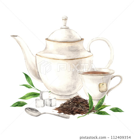 Watercolor composition of a teapot with loose tea and green leaves, mugs and spoons. The illustration is hand drawn on an isolated background Drawing for menu design packaging, poster website textile Watercolor composition of a teapot with loose tea and green leaves, mugs and spoons. The illustration is hand drawn on an isolated background Drawing for menu design packaging, poster website textile 112409354