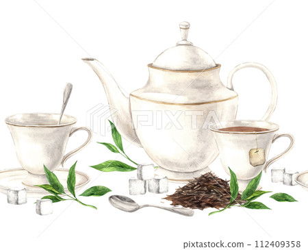 Watercolor seamless composition of teapot with loose tea and green leaves, mugs and spoons The illustration is hand drawn on an isolated background Drawing for menu design, packaging textiles websites 112409358