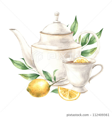 Watercolor composition with a ceramic teapot and mug, leaves and juicy lemon. Illustration is hand drawn, suitable for menu design, packaging, poster, website, textile, invitation, brochure. Watercolor composition with a ceramic teapot and mug, leaves and juicy lemon. Illustration is hand drawn, suitable for menu design, packaging, poster, website, textile, invitation, brochure. 112409361