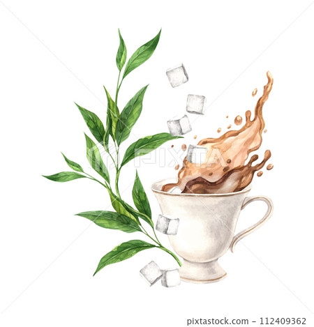 Vintage watercolor cup with tea splashes, sugar cubes and tea leaves The illustration is hand drawn on an isolated background Drawing for menu design, packaging, poster, website, textile, invitations 112409362