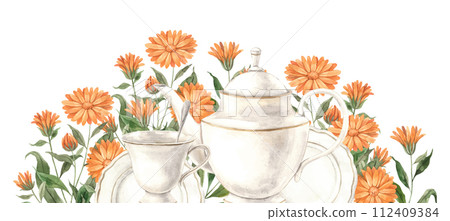 Watercolor tea composition with ceramic tableware and orange calendula flower. Illustration hand drawn on isolated background, suitable for menu design, packaging, poster, website invitation brochure Watercolor tea composition with ceramic tableware and orange calendula flower. Illustration hand drawn on isolated background, suitable for menu design, packaging, poster, website invitation brochure 112409384