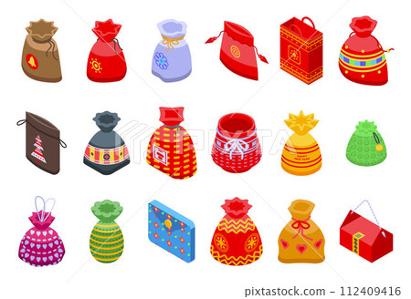 Lucky bag icons set. Isometric set of lucky bag vector icons for web design isolated on white background Lucky bag icons set. Isometric set of lucky bag vector icons for web design isolated on white background 112409416