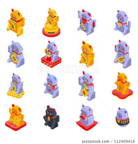 Lucky cat icons set. Isometric set of lucky cat vector icons for web design isolated on white background Lucky cat icons set. Isometric set of lucky cat vector icons for web design isolated on white background 112409418