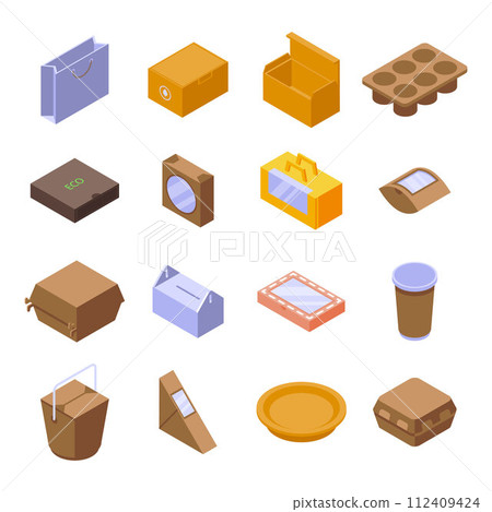 Eco packaging icons set. Isometric set of eco packaging vector icons for web design isolated on white background Eco packaging icons set. Isometric set of eco packaging vector icons for web design isolated on white background 112409424