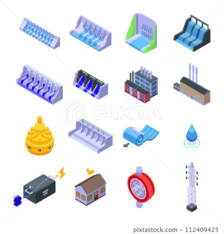 Hydro power icons set. Isometric set of hydro power vector icons for web design isolated on white background 112409425