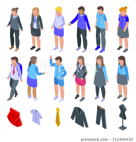 School uniform icons set. Isometric set of school uniform vector icons for web design isolated on white background School uniform icons set. Isometric set of school uniform vector icons for web design isolated on white background 112409430
