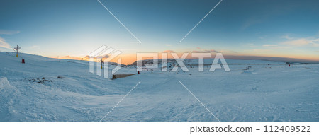 Panoramic view of the Ski Resort during sunset at Serra da Estrela, Portugal Panoramic view of the Ski Resort during sunset at Serra da Estrela, Portugal 112409522