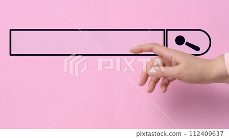 Female hand with a raised forefinger and a virtual loading bar. Abstract future background Female hand with a raised forefinger and a virtual loading bar. Abstract future background 112409637