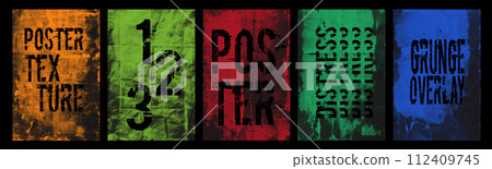 Distressed poster backgrounds with grunge halftone effect. Punk poster overlay surface with a rough polka dot pattern. Cyber grange contemporary design template for banner, flyer. Vector illustration Distressed poster backgrounds with grunge halftone effect. Punk poster overlay surface with a rough polka dot pattern. Cyber grange contemporary design template for banner, flyer. Vector illustration 112409745