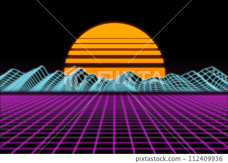 Sunset and mountains on a 3D grid Sunset and mountains on a 3D grid 112409936