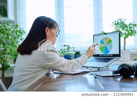 Mature serious business woman working at computer, workplace boss entrepreneur 112409991