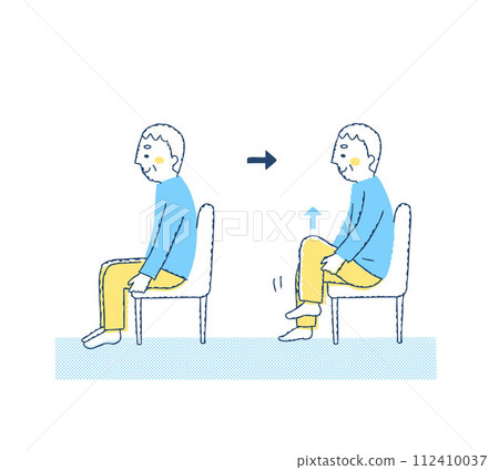 Senior man sitting on a chair and doing thigh lift exercises 112410037