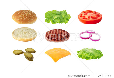 Burger or hamburger sandwich ingredients isolated on white. 112410957