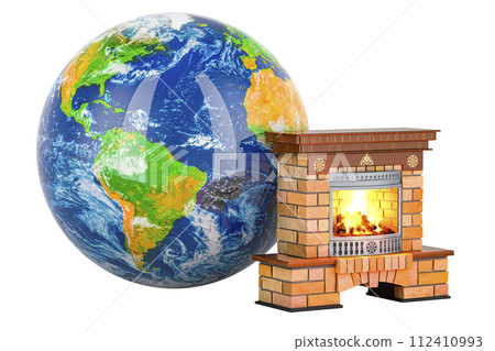 Fireplace with Earth Globe. 3D rendering Fireplace with Earth Globe. 3D rendering 112410993