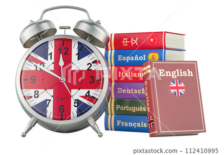 English course, lessons concept. Books with alarm clock. Time to learn English language, 3D rendering 112410995