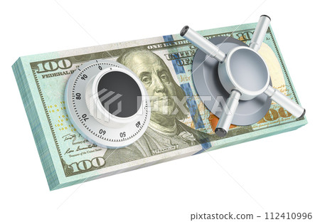 Dollar pack with safe combination lock, 3D rendering Dollar pack with safe combination lock, 3D rendering 112410996