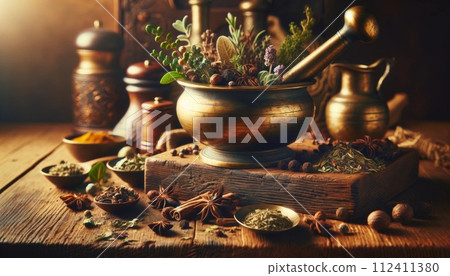 Herbal tea ingredients loosely arrayed around an antique brass. Generative AI 112411380