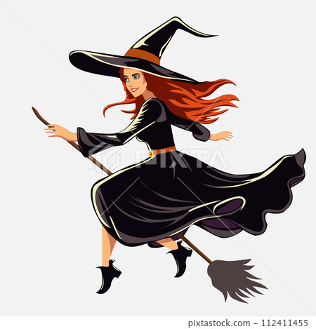 A beautiful woman witch with green eyes in a hat flies on a broom. A beautiful woman witch with green eyes in a hat flies on a broom. 112411455
