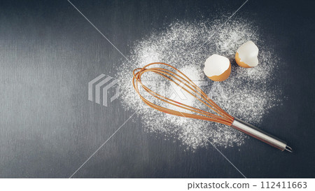 close up of various baking utensils for baking cookies and cakes like rolling pin whisk , baking pan close up of various baking utensils for baking cookies and cakes like rolling pin whisk , baking pan 112411663
