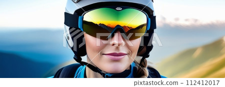 Woman wearing helmet and sunglasses glasses stands confidently before towering mountain backdrop ready for adventure, exploration.She may be gearing up for bicycle ride or some other outdoor activity. Woman wearing helmet and sunglasses glasses stands confidently before towering mountain backdrop ready for adventure, exploration.She may be gearing up for bicycle ride or some other outdoor activity. 112412017