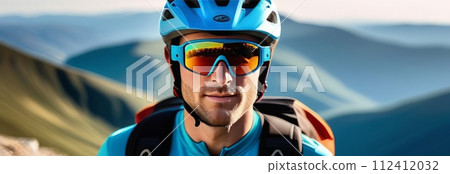 Man wearing helmet and sunglasses glasses stands confidently before towering mountain backdrop ready for adventure, exploration. He may be gearing up for bicycle ride, some other outdoor activity. Man wearing helmet and sunglasses glasses stands confidently before towering mountain backdrop ready for adventure, exploration. He may be gearing up for bicycle ride, some other outdoor activity. 112412032