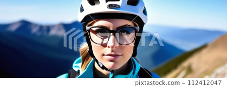 Woman wearing helmet and glasses stands confidently before towering mountain backdrop ready for adventure and exploration.She may be gearing up for bicycle ride or some other outdoor activity. Woman wearing helmet and glasses stands confidently before towering mountain backdrop ready for adventure and exploration.She may be gearing up for bicycle ride or some other outdoor activity. 112412047