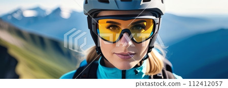 Woman wearing helmet and sunglasses glasses stands confidently before towering mountain backdrop ready for adventure, exploration.She may be gearing up for bicycle ride or some other outdoor activity. Woman wearing helmet and sunglasses glasses stands confidently before towering mountain backdrop ready for adventure, exploration.She may be gearing up for bicycle ride or some other outdoor activity. 112412057