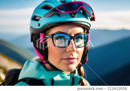 Woman wearing helmet and glasses stands confidently before towering mountain backdrop ready for adventure and exploration.She may be gearing up for bicycle ride or some other outdoor activity. Woman wearing helmet and glasses stands confidently before towering mountain backdrop ready for adventure and exploration.She may be gearing up for bicycle ride or some other outdoor activity. 112412058