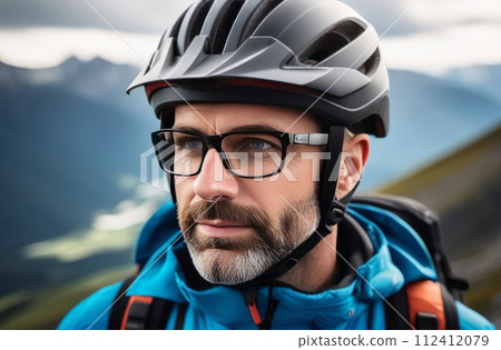 Man wearing helmet and glasses stands confidently before towering mountain backdrop ready for adventure and exploration. He may be gearing up for bicycle ride or some other outdoor activity. Man wearing helmet and glasses stands confidently before towering mountain backdrop ready for adventure and exploration. He may be gearing up for bicycle ride or some other outdoor activity. 112412079