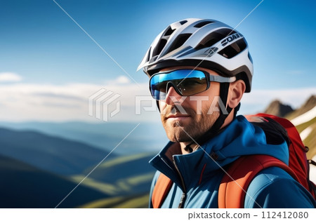 Man wearing helmet and sunglasses glasses stands confidently before towering mountain backdrop ready for adventure, exploration. He may be gearing up for bicycle ride, some other outdoor activity. 112412080