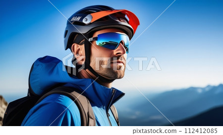 Man wearing helmet and sunglasses glasses stands confidently before towering mountain backdrop ready for adventure, exploration. He may be gearing up for bicycle ride, some other outdoor activity. Man wearing helmet and sunglasses glasses stands confidently before towering mountain backdrop ready for adventure, exploration. He may be gearing up for bicycle ride, some other outdoor activity. 112412085