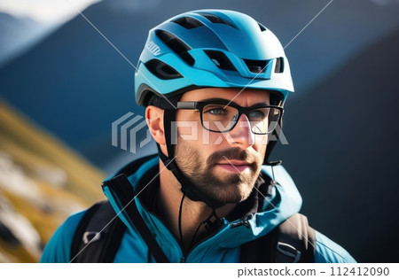 Man wearing helmet and glasses stands confidently before towering mountain backdrop ready for adventure and exploration. He may be gearing up for bicycle ride or some other outdoor activity. 112412090