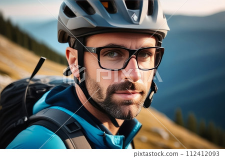 Man wearing helmet and glasses stands confidently before towering mountain backdrop ready for adventure and exploration. He may be gearing up for bicycle ride or some other outdoor activity. 112412093