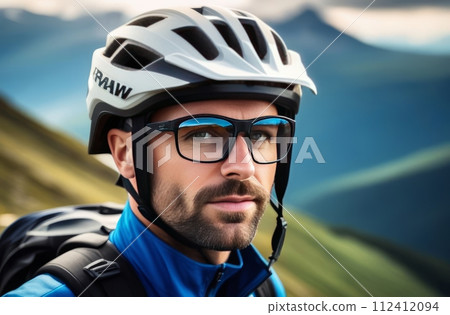 Man wearing helmet and sunglasses glasses stands confidently before towering mountain backdrop ready for adventure, exploration. He may be gearing up for bicycle ride, some other outdoor activity. 112412094
