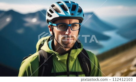 Man wearing helmet and glasses stands confidently before towering mountain backdrop ready for adventure and exploration. He may be gearing up for bicycle ride or some other outdoor activity. 112412103