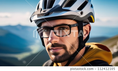 Man wearing helmet and glasses stands confidently before towering mountain backdrop ready for adventure and exploration. He may be gearing up for bicycle ride or some other outdoor activity. 112412105