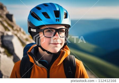 Young boy wearing helmet and glasses stands confidently before towering mountain backdrop ready for adventure and exploration. He may be gearing up for bicycle ride or some other outdoor activity. Young boy wearing helmet and glasses stands confidently before towering mountain backdrop ready for adventure and exploration. He may be gearing up for bicycle ride or some other outdoor activity. 112412108