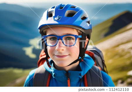 Young boy wearing helmet and glasses stands confidently before towering mountain backdrop ready for adventure and exploration. He may be gearing up for bicycle ride or some other outdoor activity. Young boy wearing helmet and glasses stands confidently before towering mountain backdrop ready for adventure and exploration. He may be gearing up for bicycle ride or some other outdoor activity. 112412110