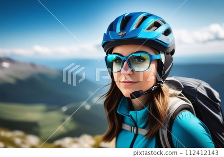 Woman wearing helmet and glasses stands confidently before towering mountain backdrop ready for adventure and exploration.She may be gearing up for bicycle ride or some other outdoor activity. Woman wearing helmet and glasses stands confidently before towering mountain backdrop ready for adventure and exploration.She may be gearing up for bicycle ride or some other outdoor activity. 112412143